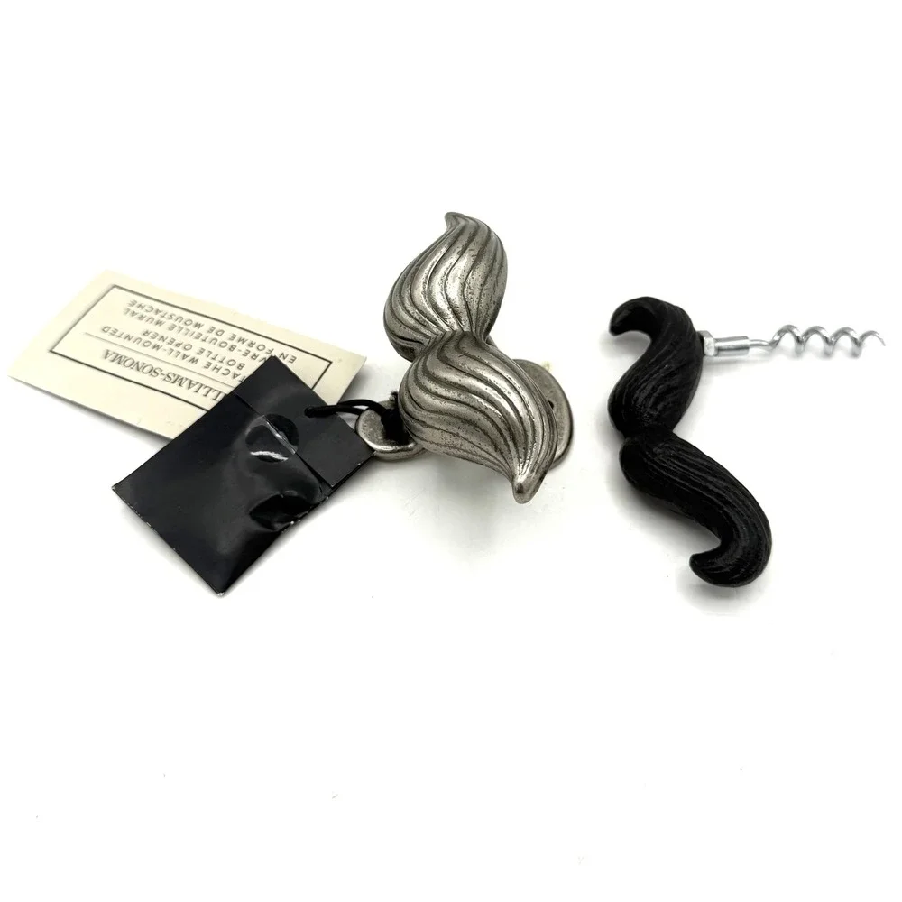 Williams Sonoma Mustache Bottle Opener & Corkscrew Set Silver Black NEW NWT